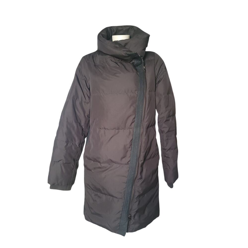 Vince Puffer Coat Women's M Black Goose Down Leather Panel Asymmetrical Jacket